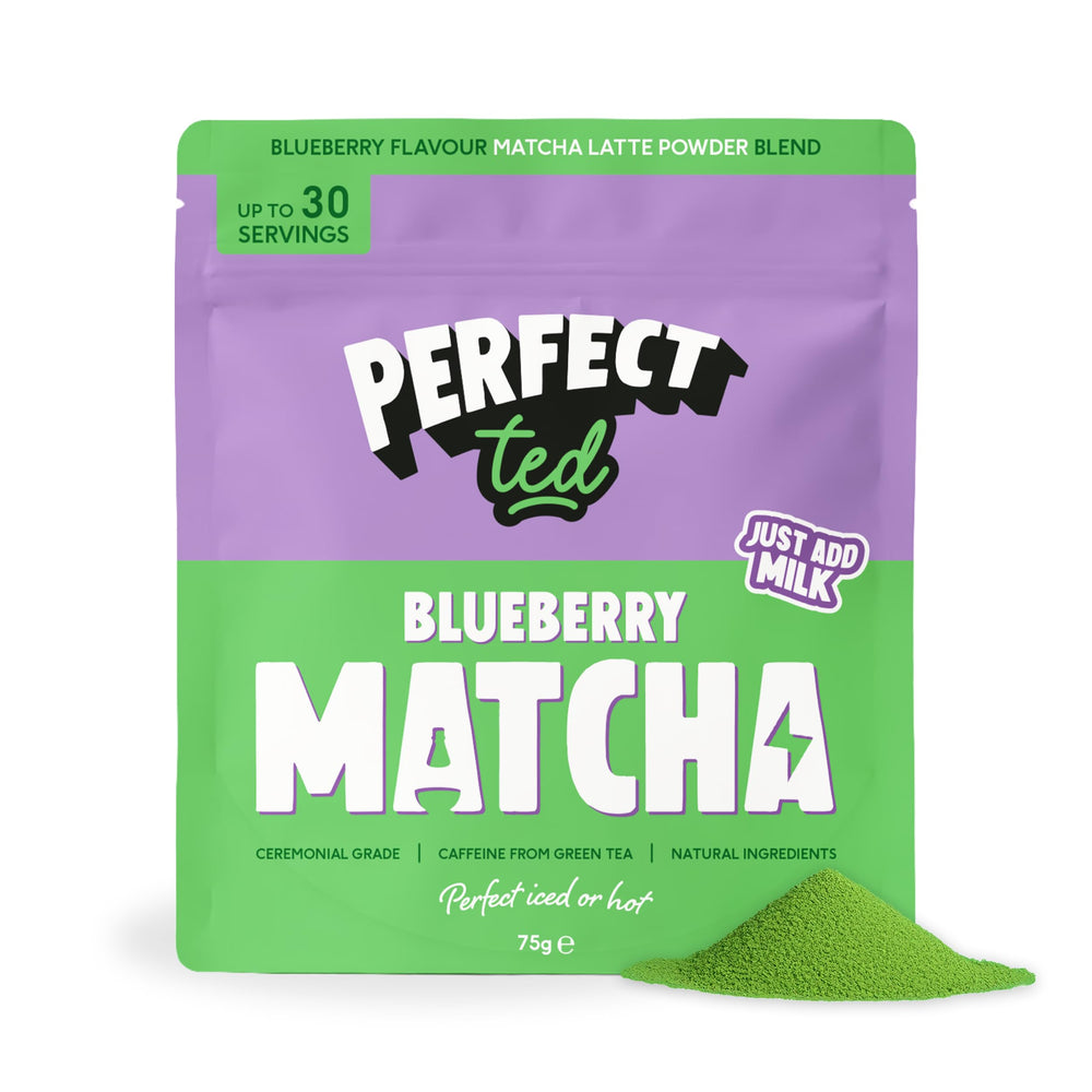 Perfect Ted front tin showcasing blueberry matcha for easy identification and freshness