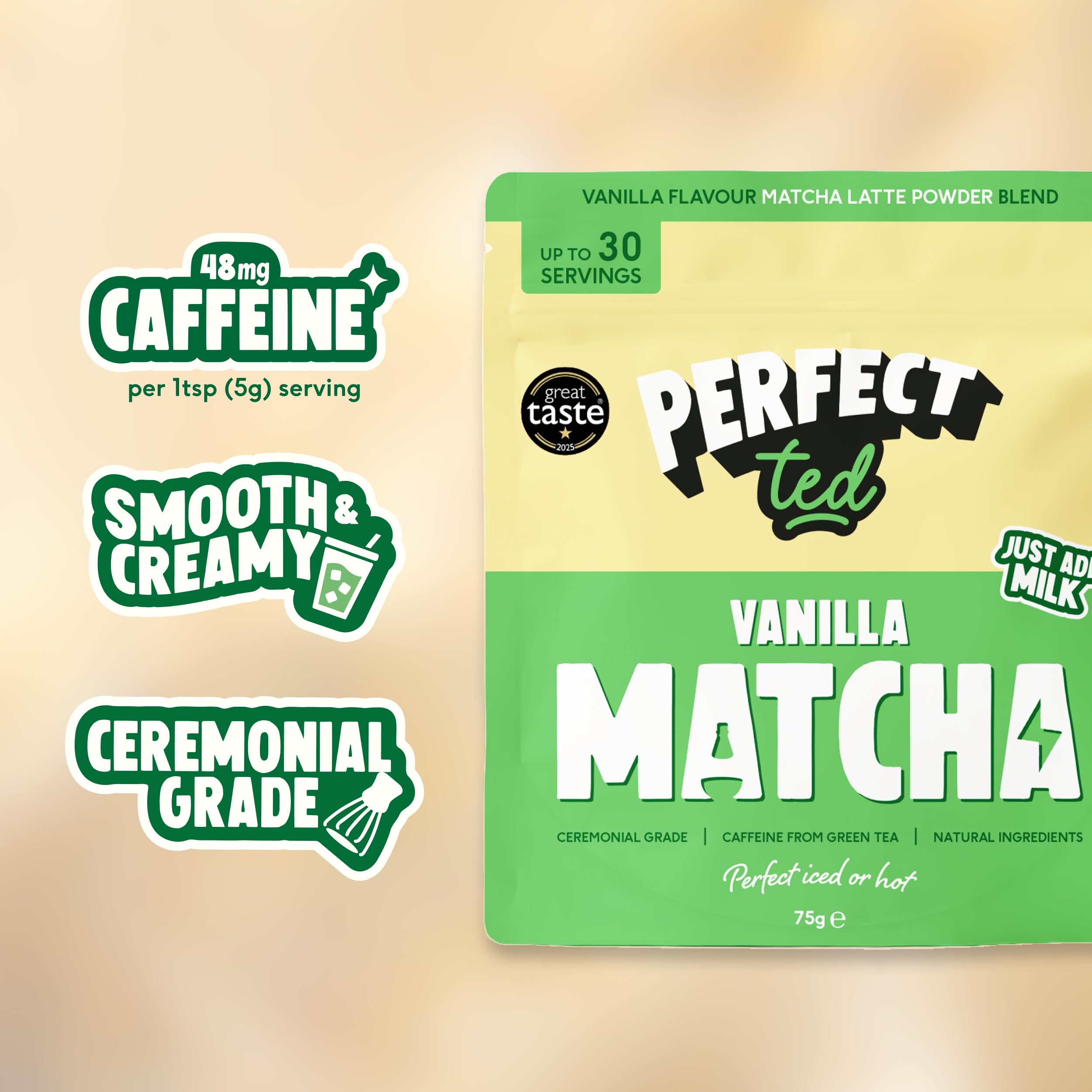 Perfect Ted matcha powder close-up highlighting silky texture and smooth whisking
