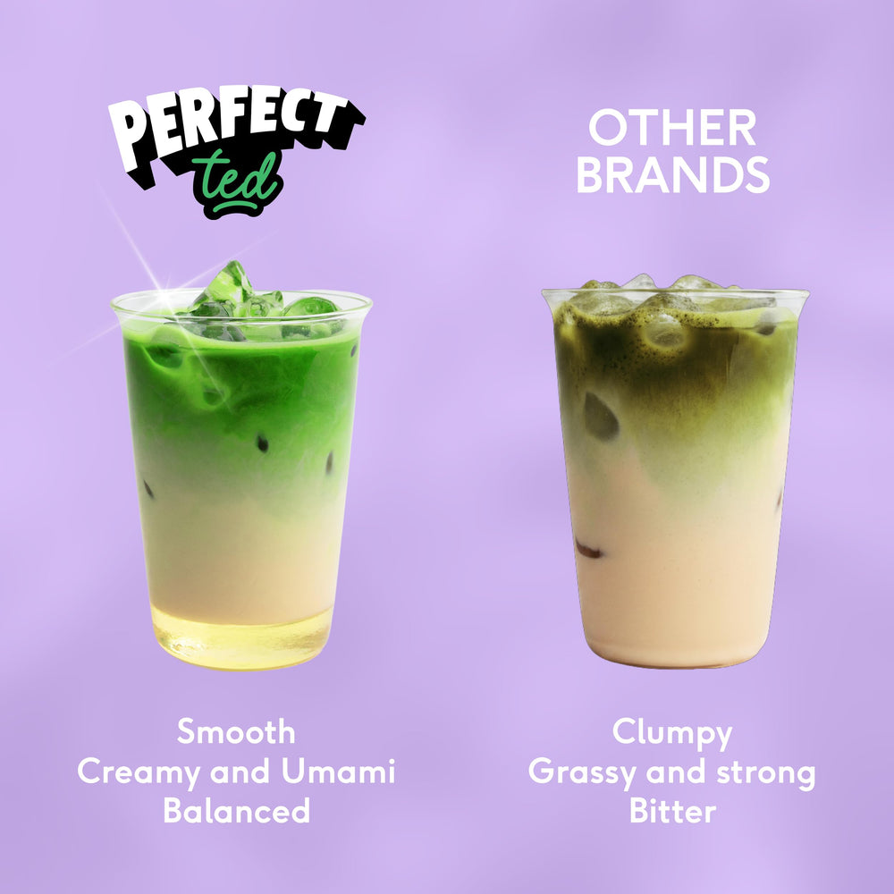 Perfect Ted blueberry matcha latte in cup illustrating creamy foam and flavor