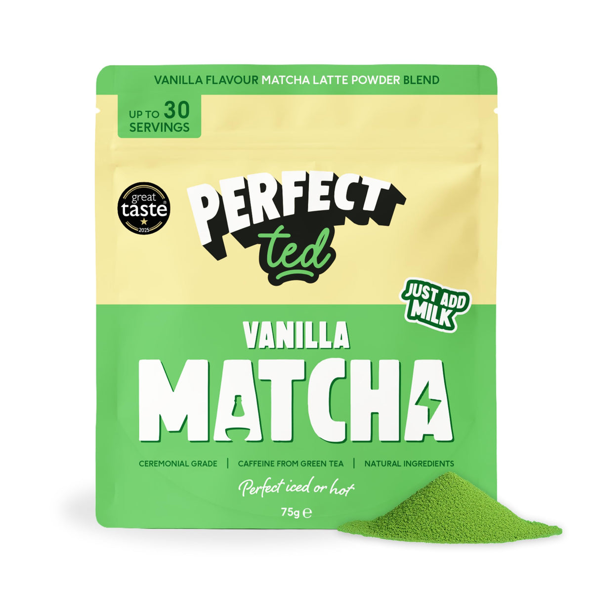 Perfect Ted tin front view showing vanilla bean matcha label and freshness benefit