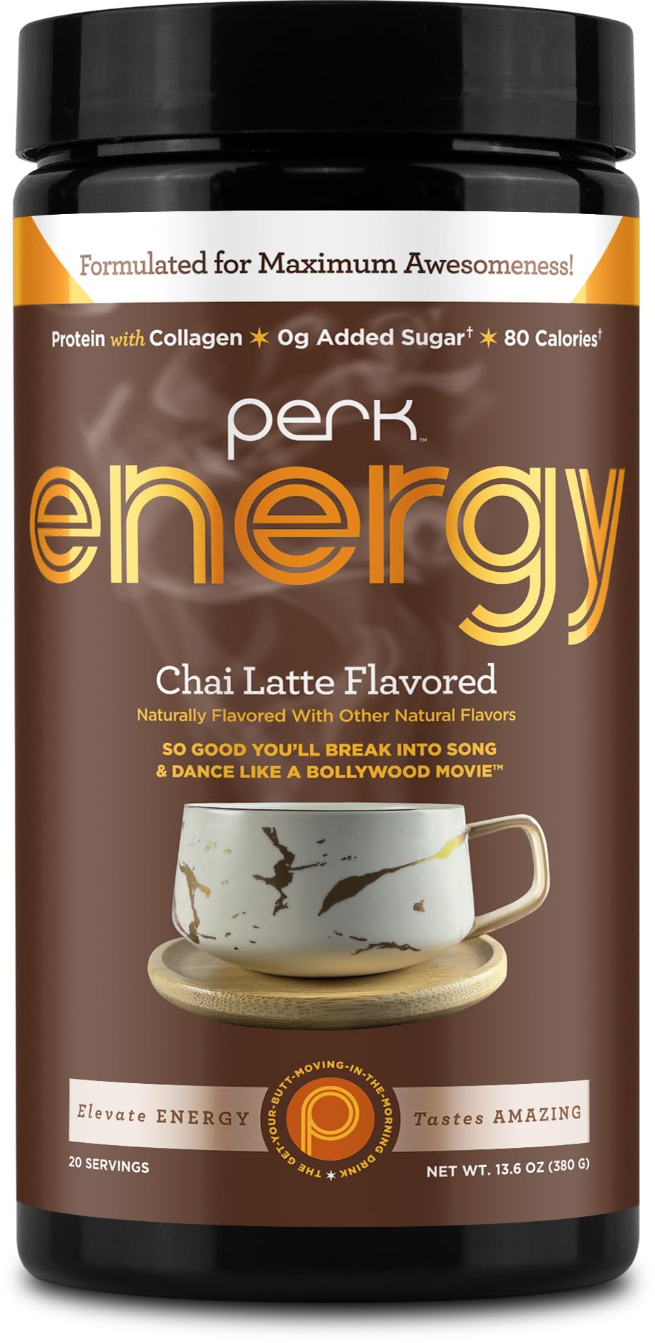 Perk front packaging showing chai latte tub and serving info for convenience