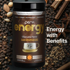 Perk mixed hot chai latte in mug illustrating warming comfort and protein boost