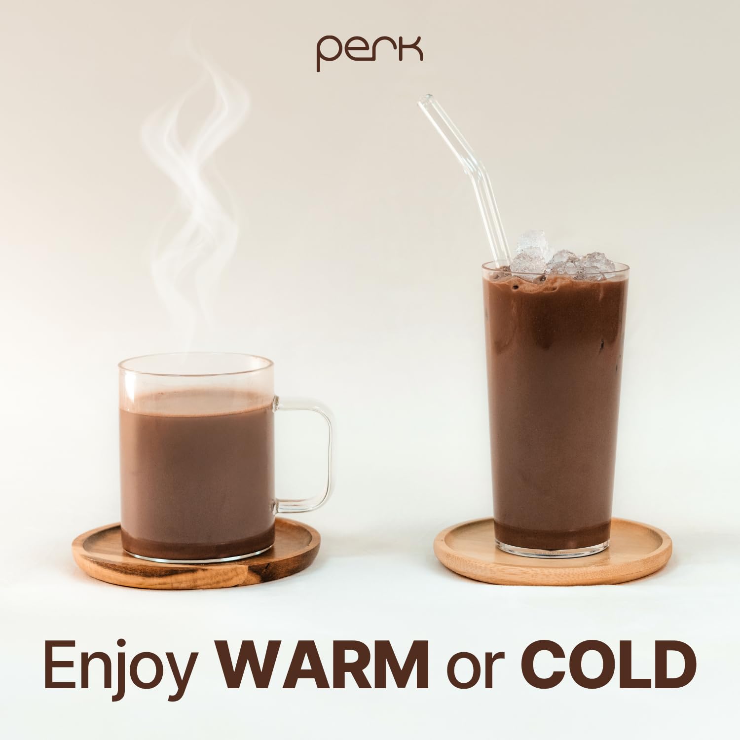 Perk serving scoop with powder beside tub demonstrating easy portion control