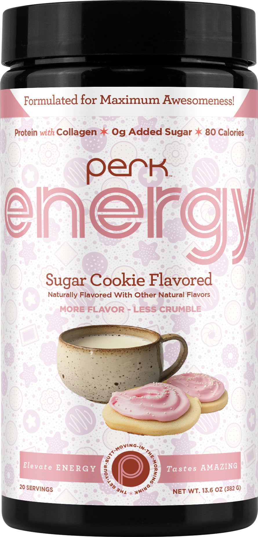 Perk front label showing Sugar Cookie flavor and key benefits
