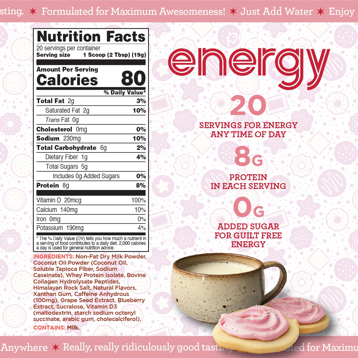 Perk open tub with scoop showing 20 servings and serving size