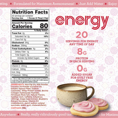 Perk open tub with scoop showing 20 servings and serving size
