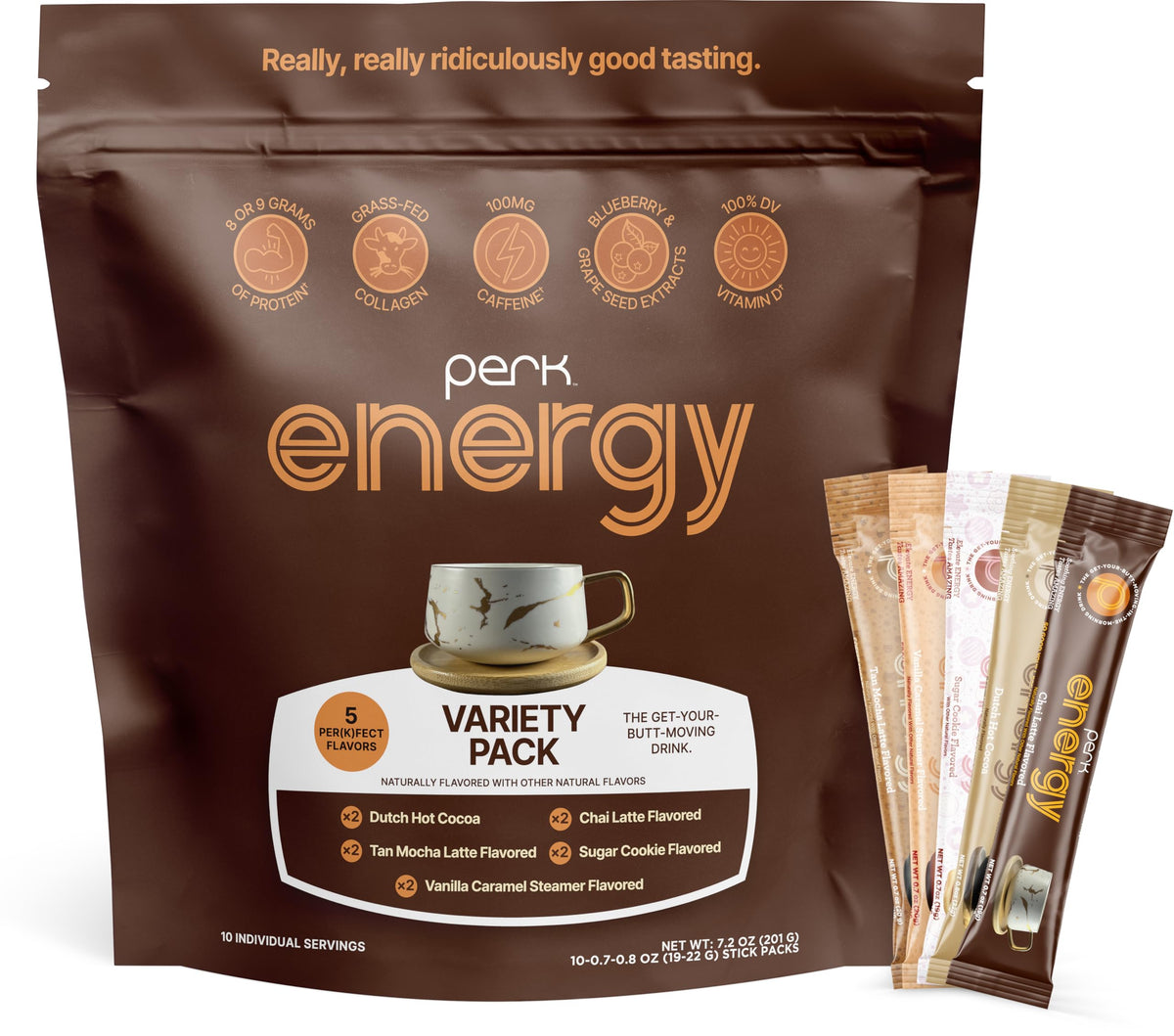 Perk variety pack front packaging showing flavors and stick count for convenient choice