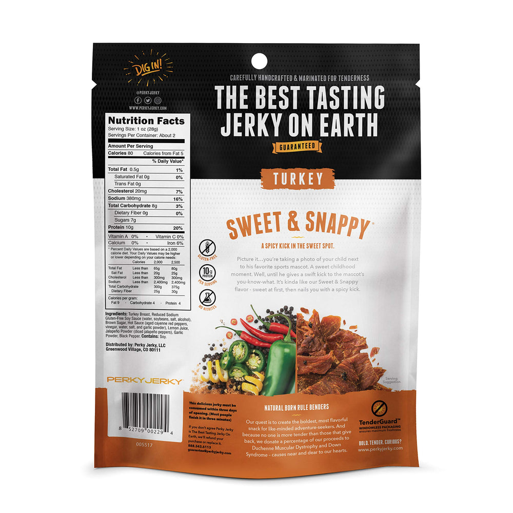 Perky Jerky bag resealable zip and nutrition facts, easy freshness preservation