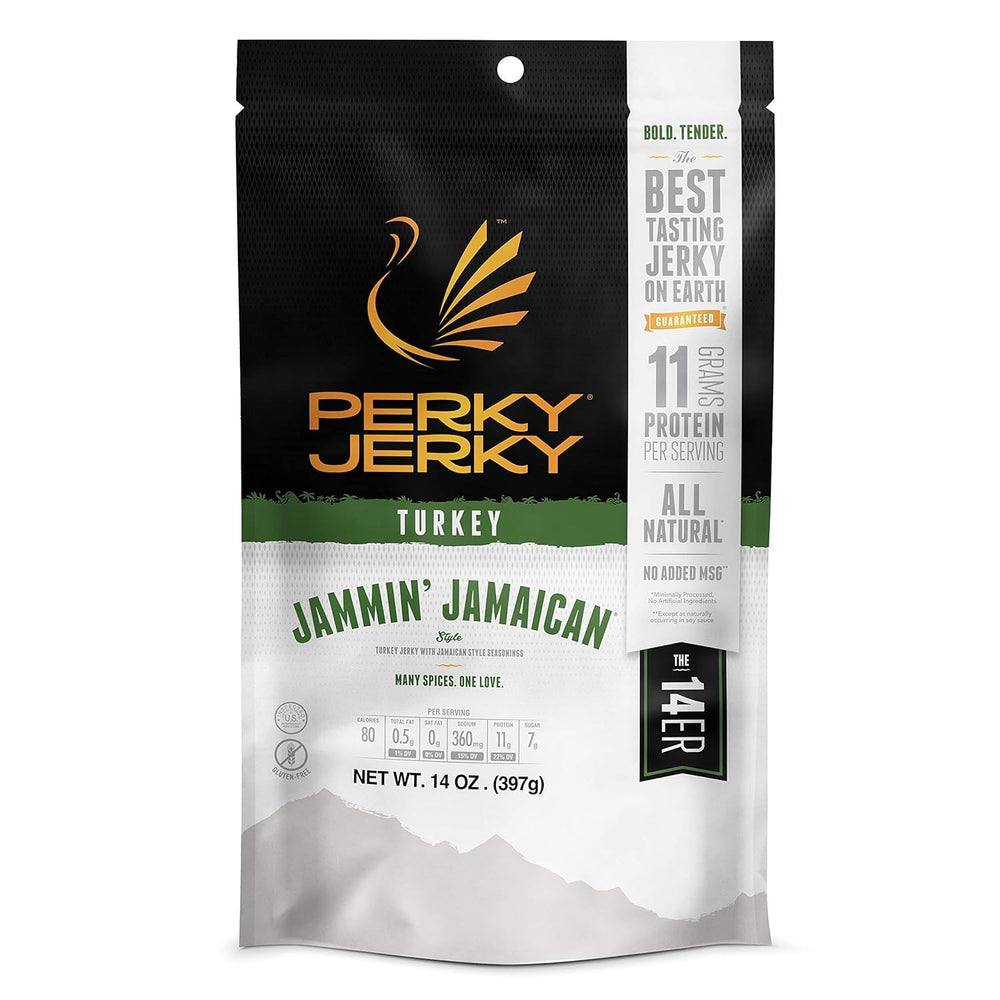 Perky Jerky front package showing 14oz pouch and bold Jamaican branding for appeal