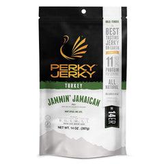 Perky Jerky front package showing 14oz pouch and bold Jamaican branding for appeal
