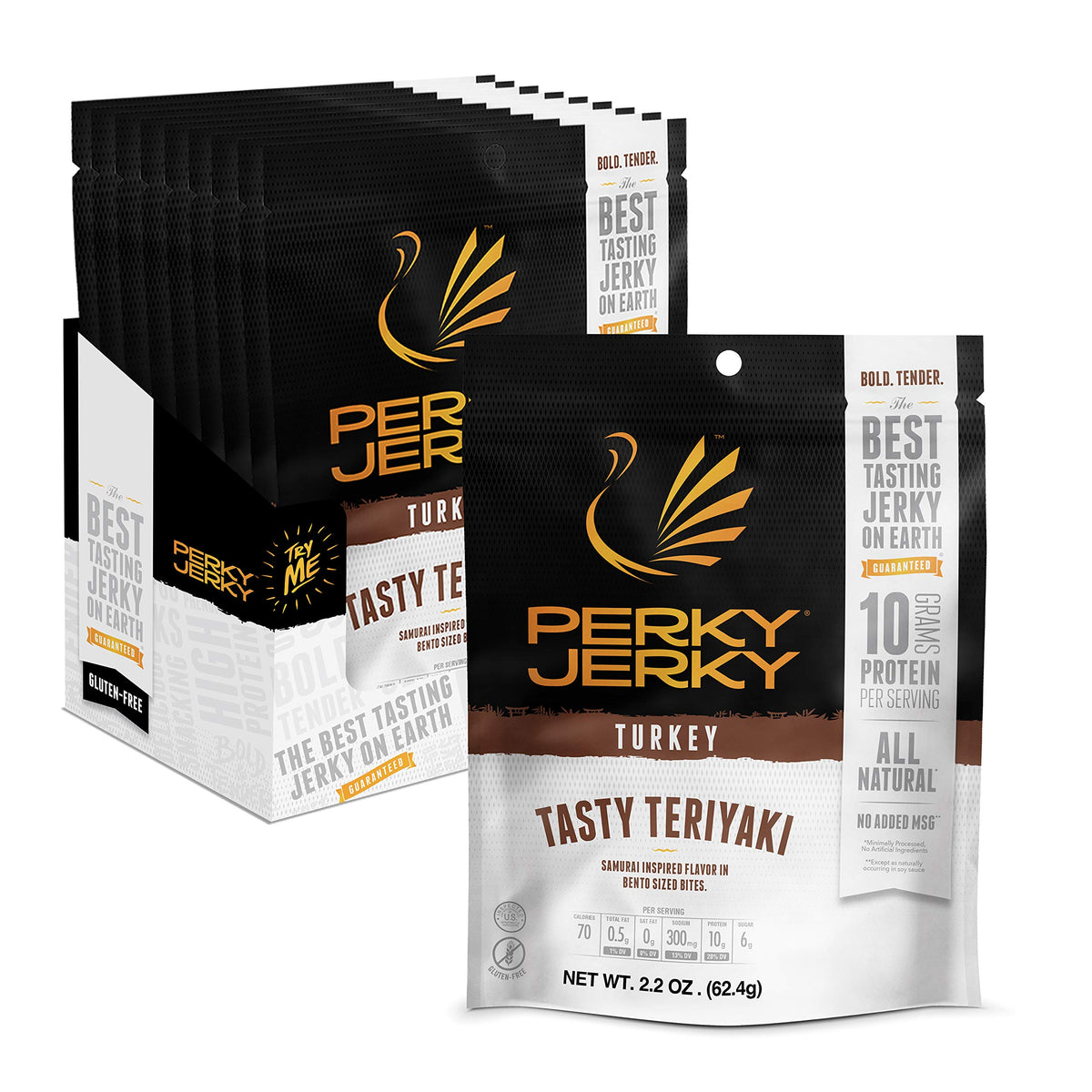 Perky Jerky front packaging showing teriyaki turkey and resealable bag benefit