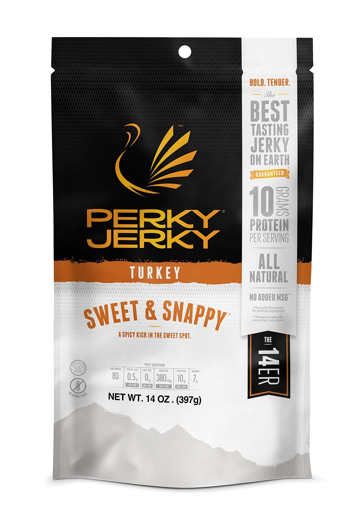 Perky Jerky front packaging showing 14oz bag and bold branding, great shelf appeal