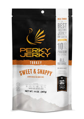Perky Jerky front packaging showing 14oz bag and bold branding, great shelf appeal