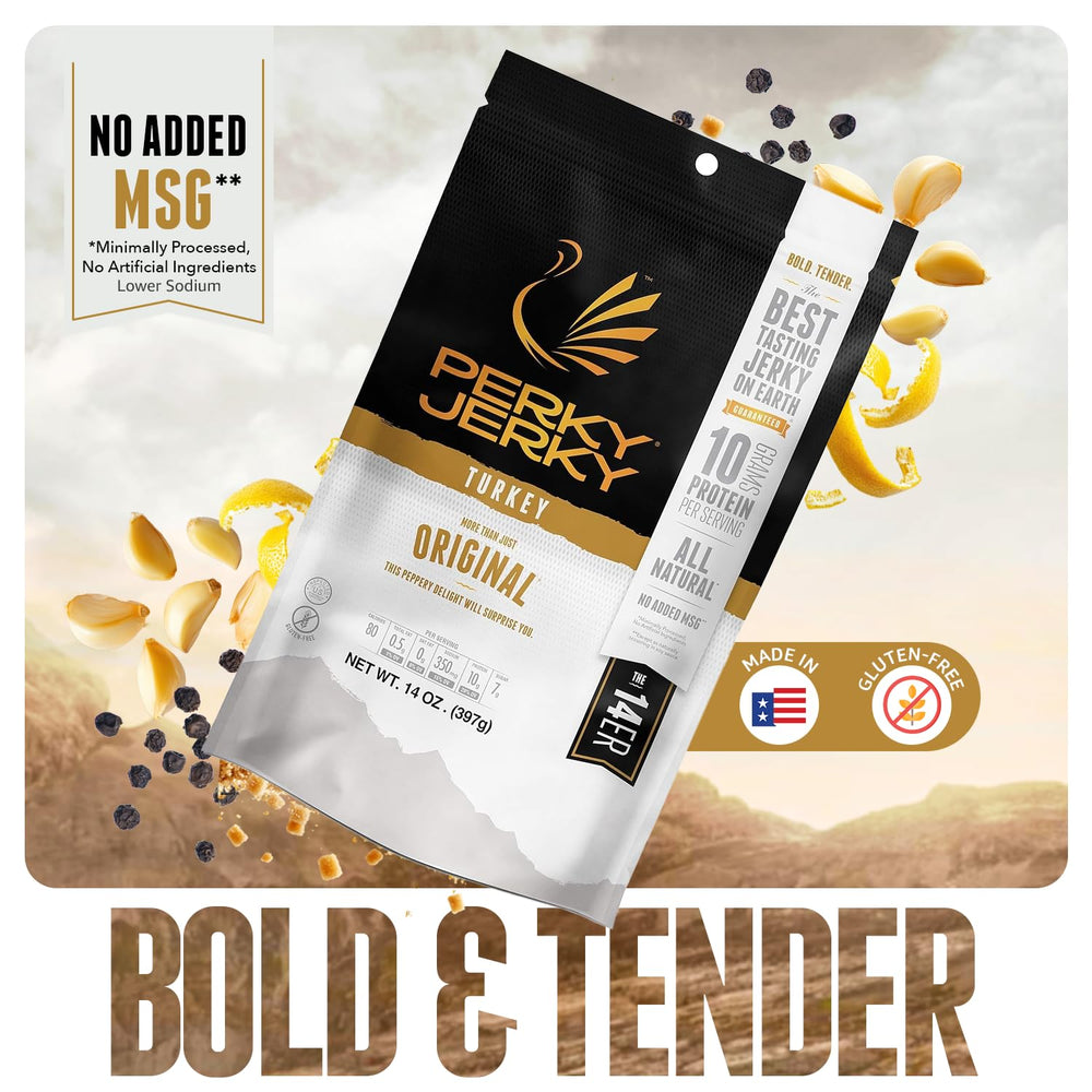 Perky Jerky held in hand to demonstrate portion size and on-the-go convenience