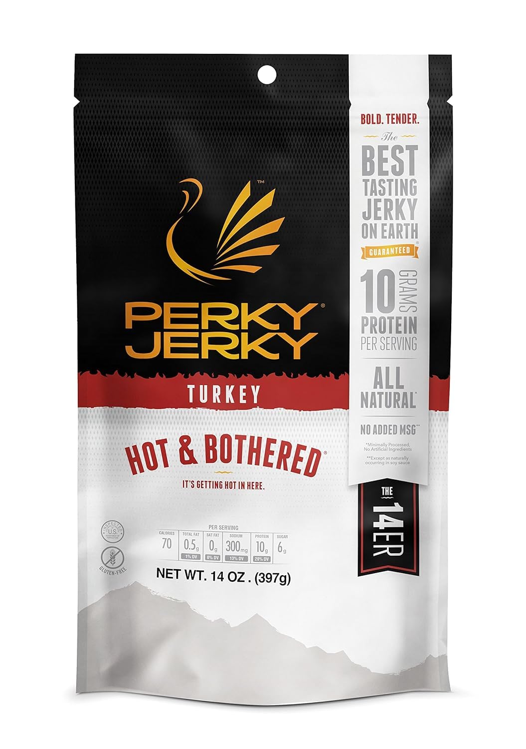 Perky Jerky front package showing Hot and Bothered flavor and 14 oz size benefit portability
