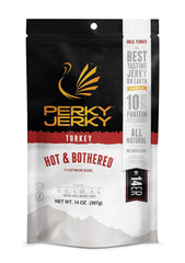 Perky Jerky front package showing Hot and Bothered flavor and 14 oz size benefit portability