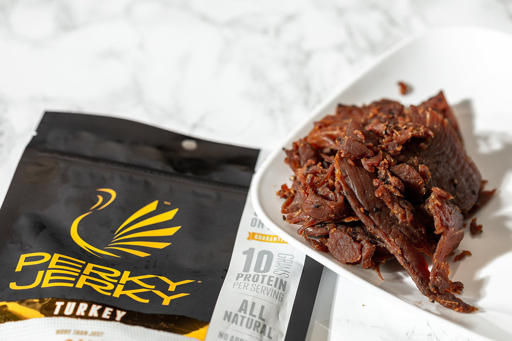 Perky Jerky ingredient list spotlight showing no nitrates, no MSG, and gluten-free benefits
