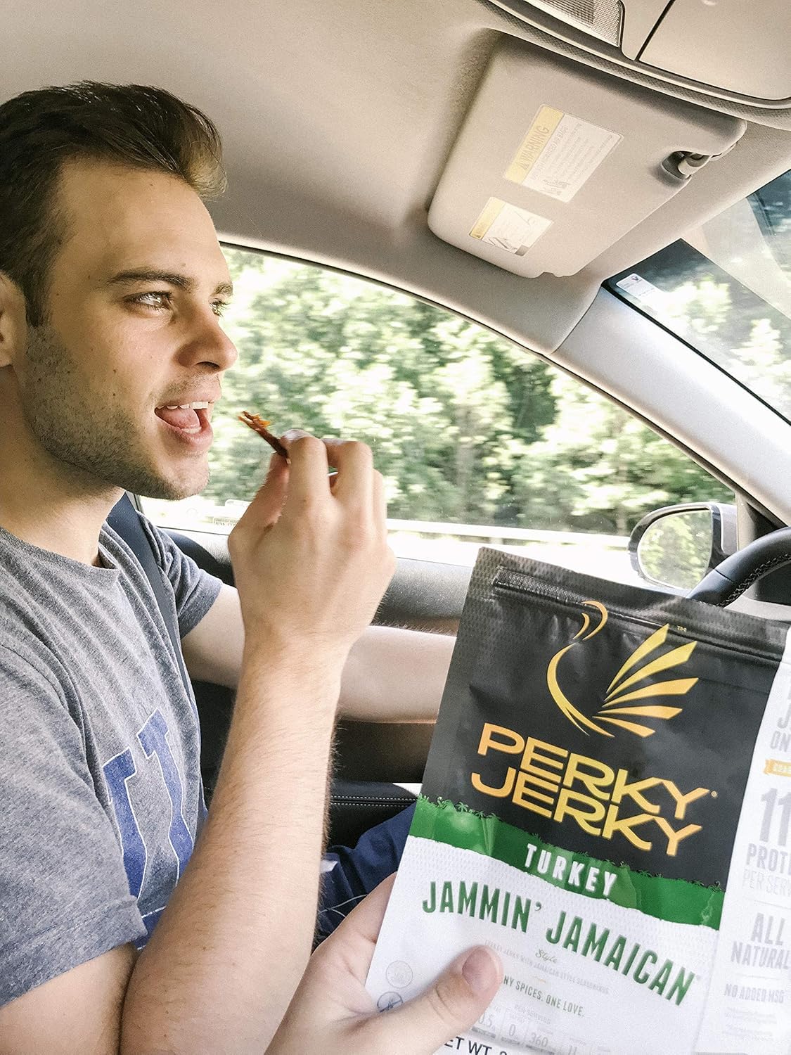 Perky Jerky nutrition label close view noting 11g protein and low sodium benefits