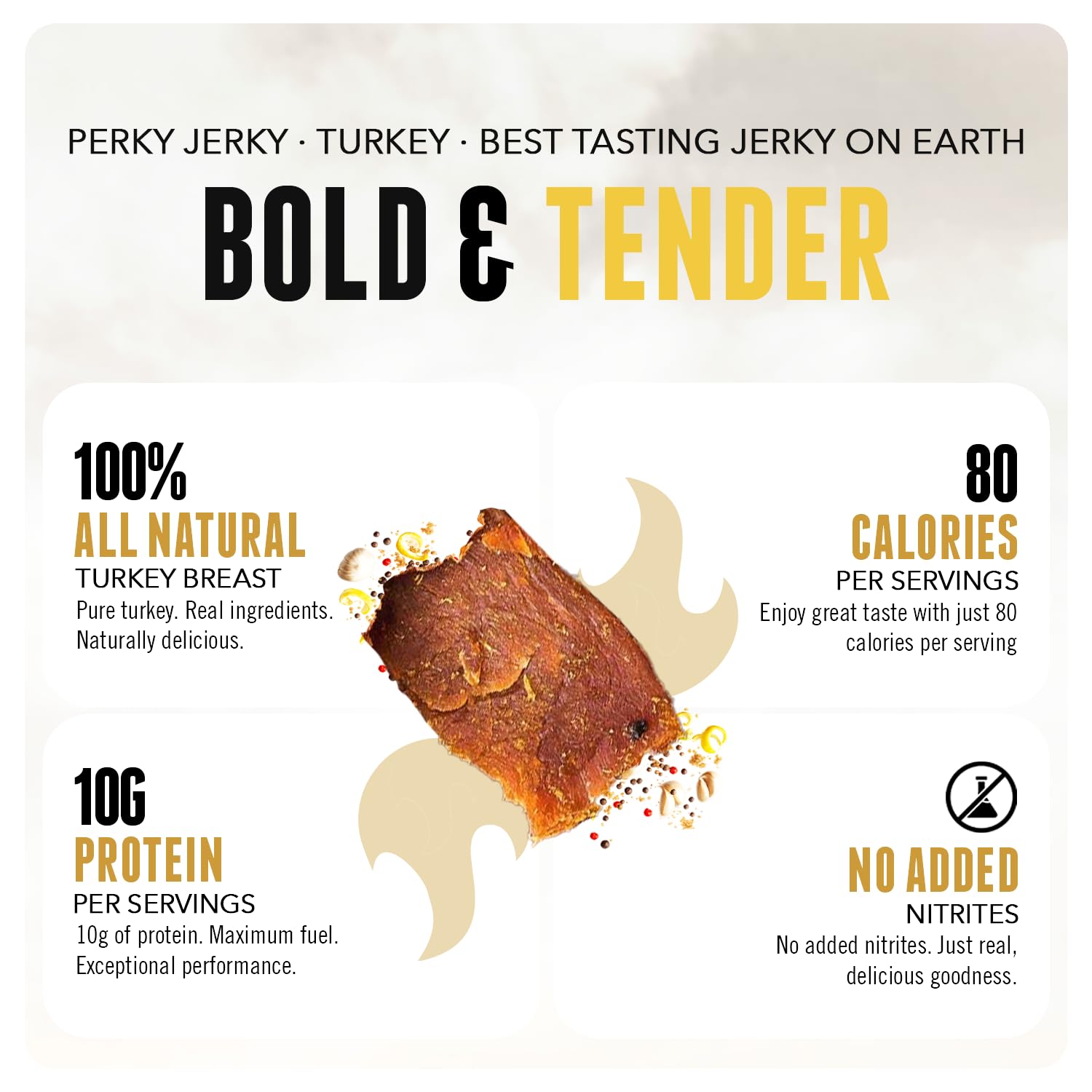 Perky Jerky nutrition label showing protein and low-sodium benefits