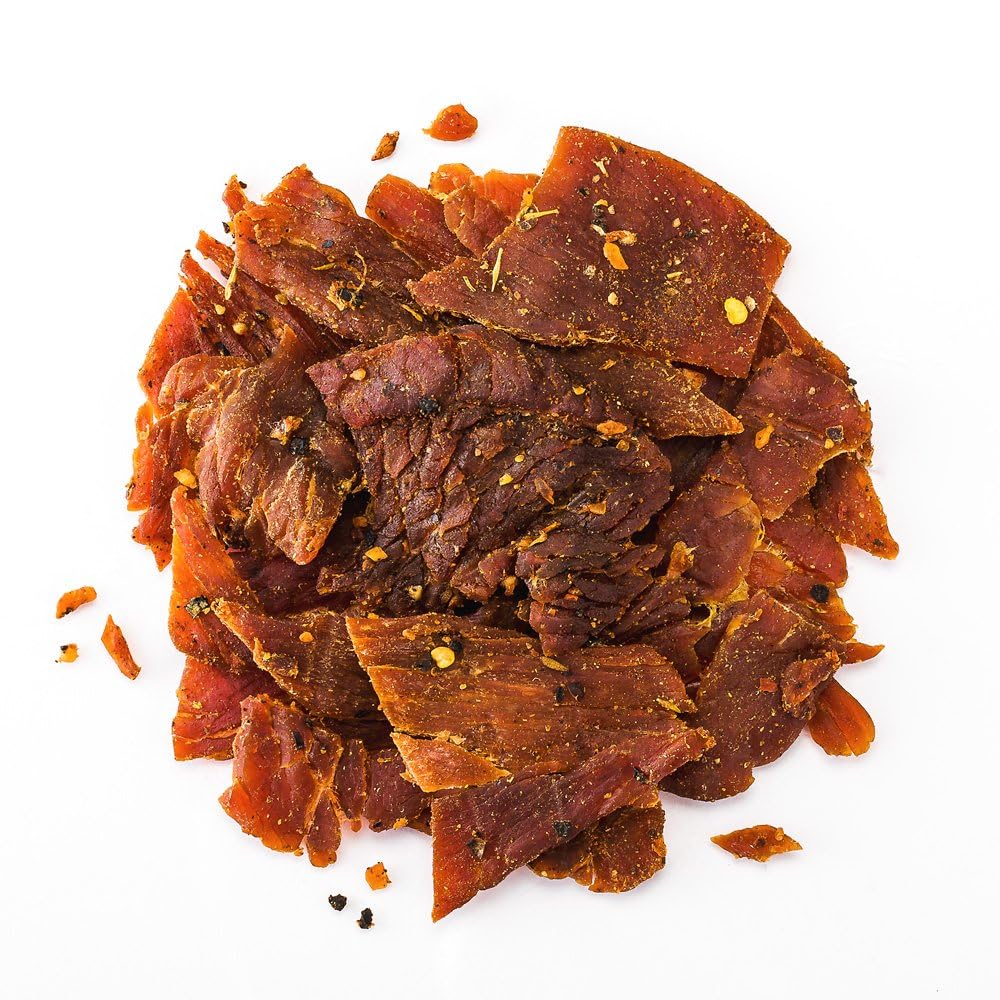 Perky Jerky open resealable bag with visible strips for freshness and convenience