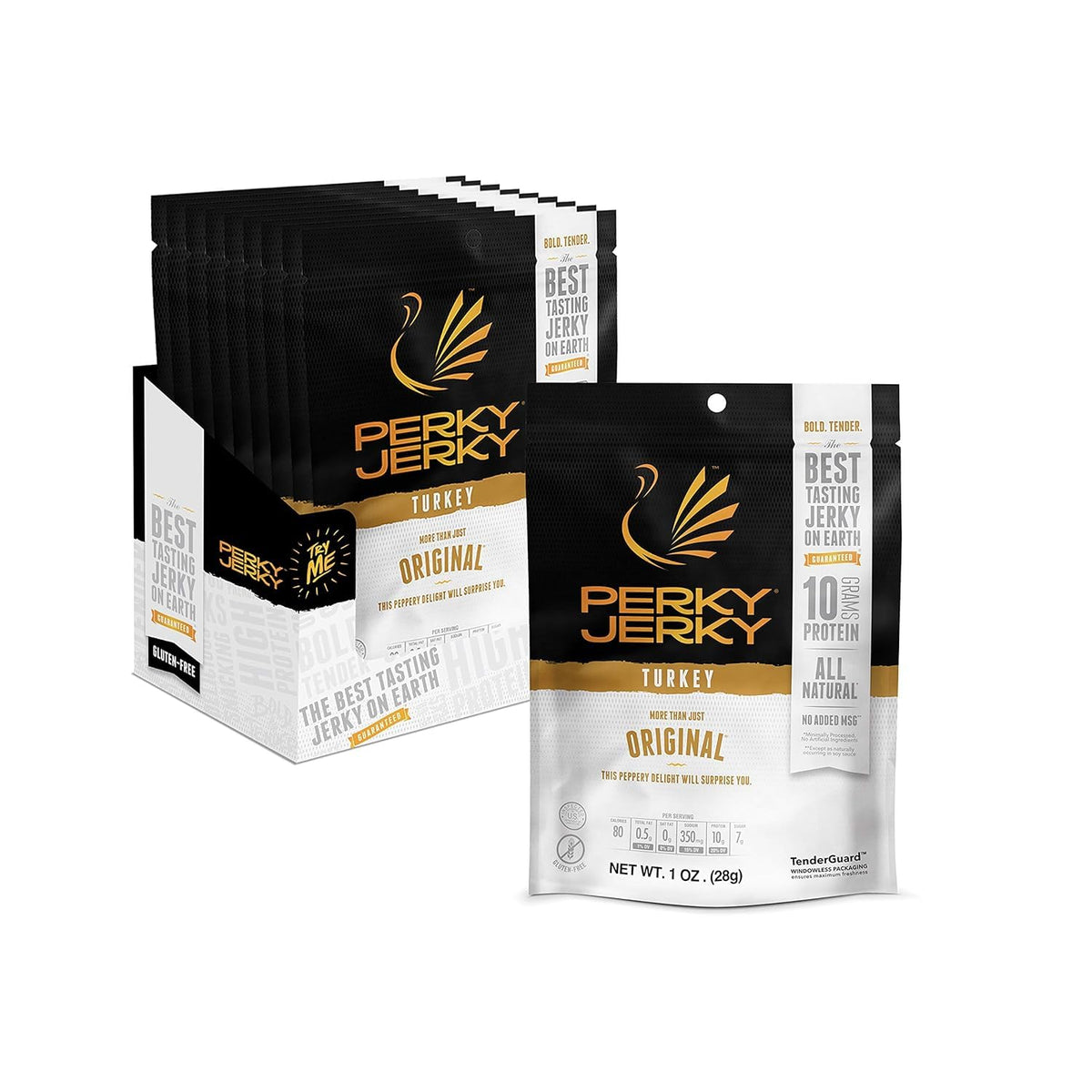Perky Jerky front packaging showing bold branding and serving size benefit