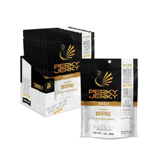 Perky Jerky front packaging showing bold branding and serving size benefit