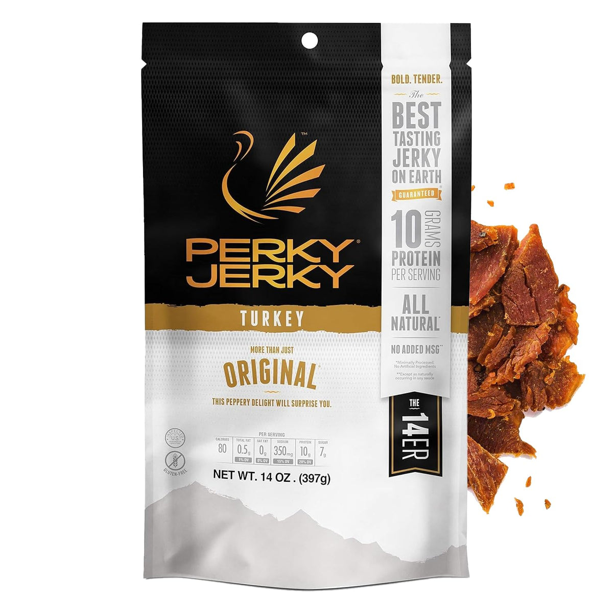 Perky Jerky front packaging showing the 14oz resealable bag and brand
