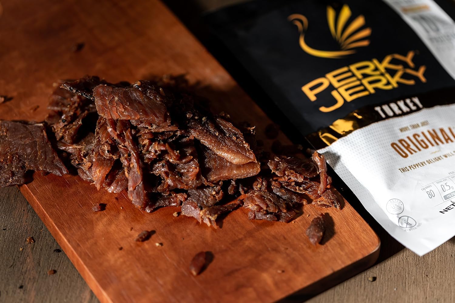 Perky Jerky resealable pouch open emphasizing freshness and convenient storage