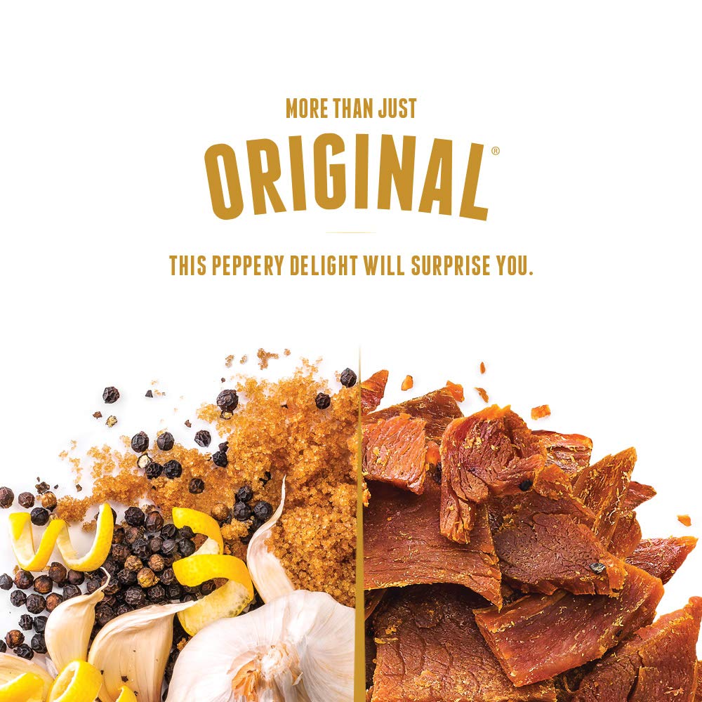 Perky Jerky turkey original close-up of jerky strips, lean protein visible