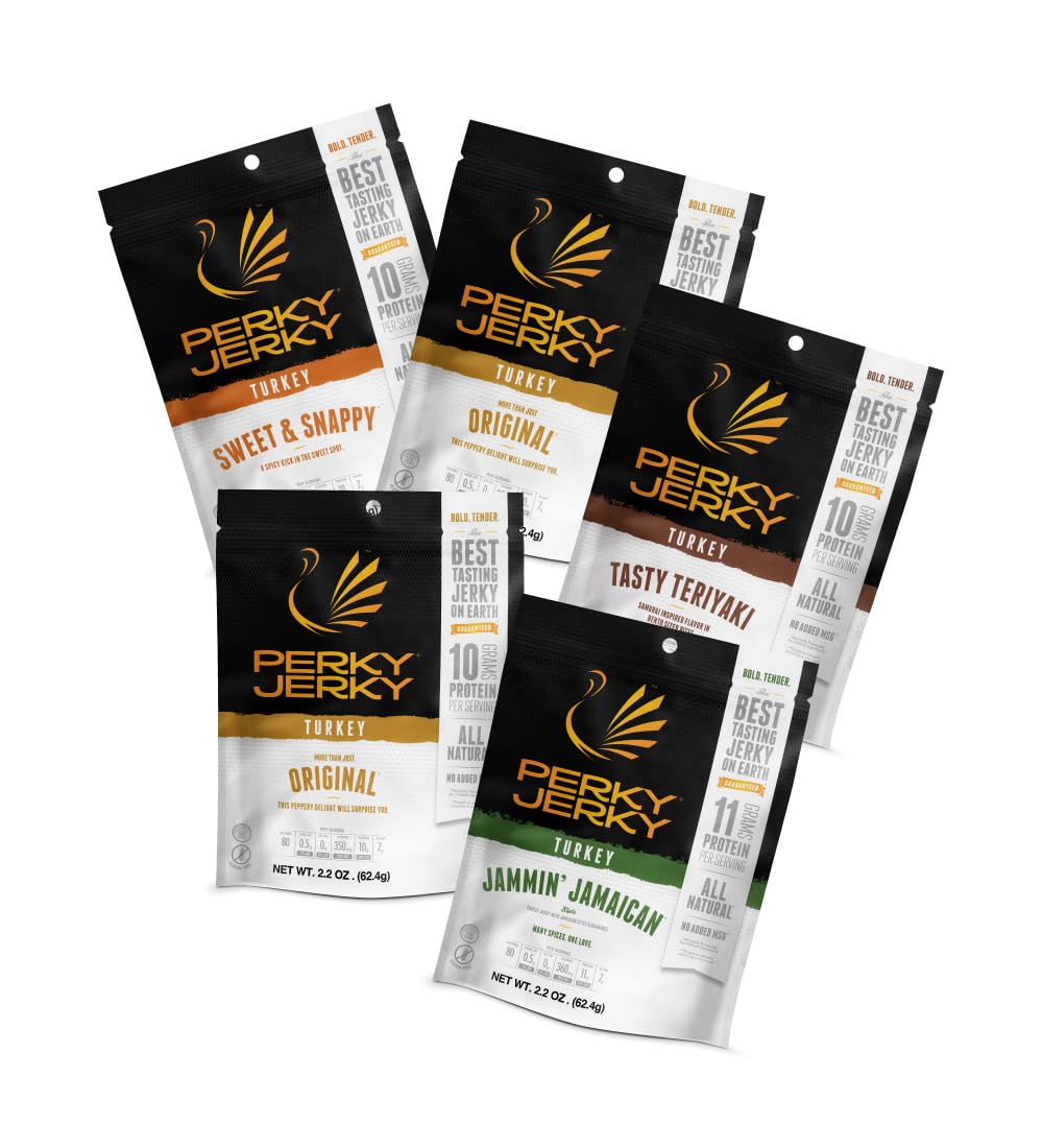 Perky Jerky variety pack front packaging showing five resealable bags, convenient