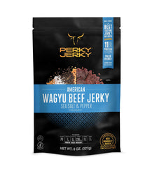 Perky Jerky front packaging showing 8 oz resealable bag and premium Wagyu appeal