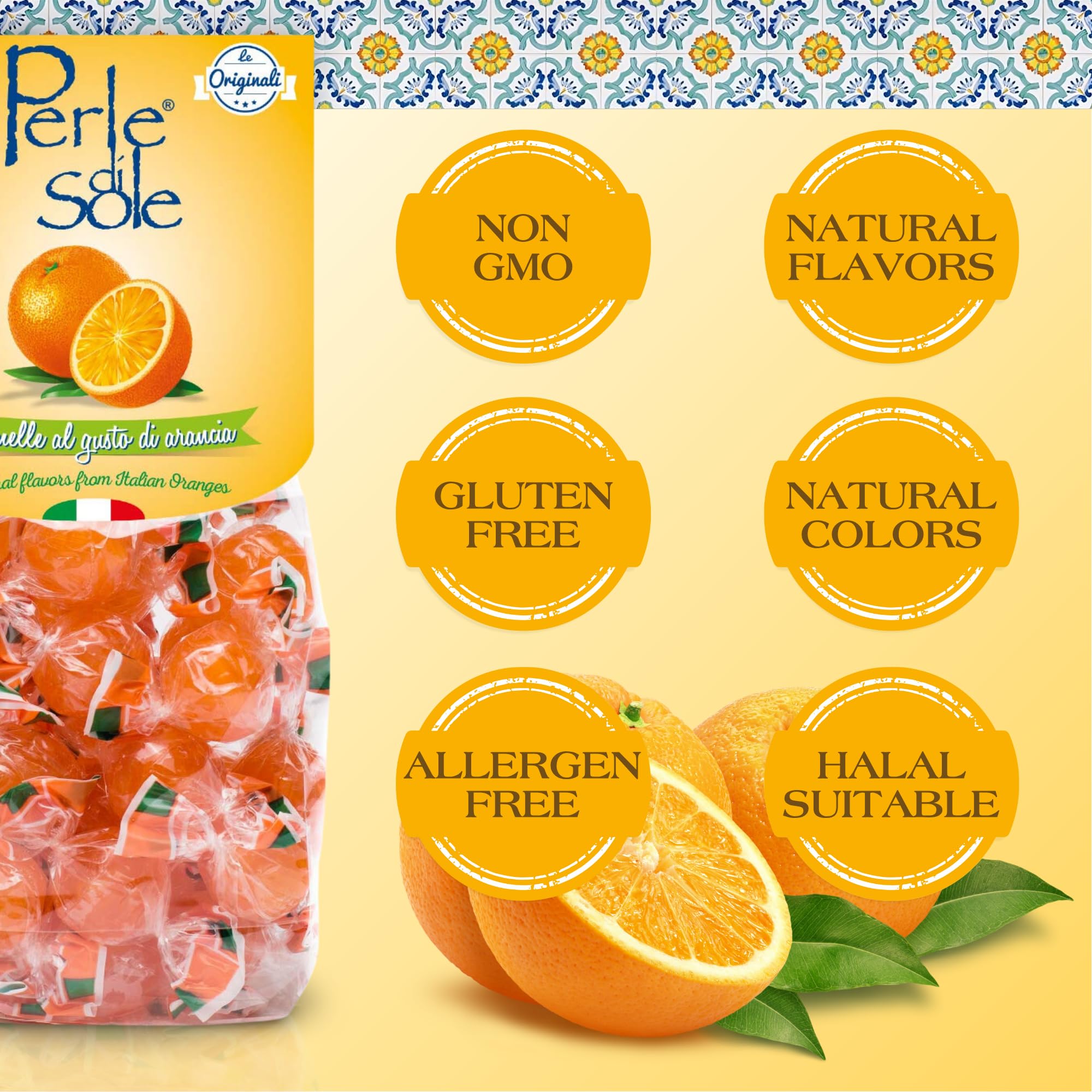 Perle di Sole open bag with candies spilling out, shows generous 500 g supply for sharing