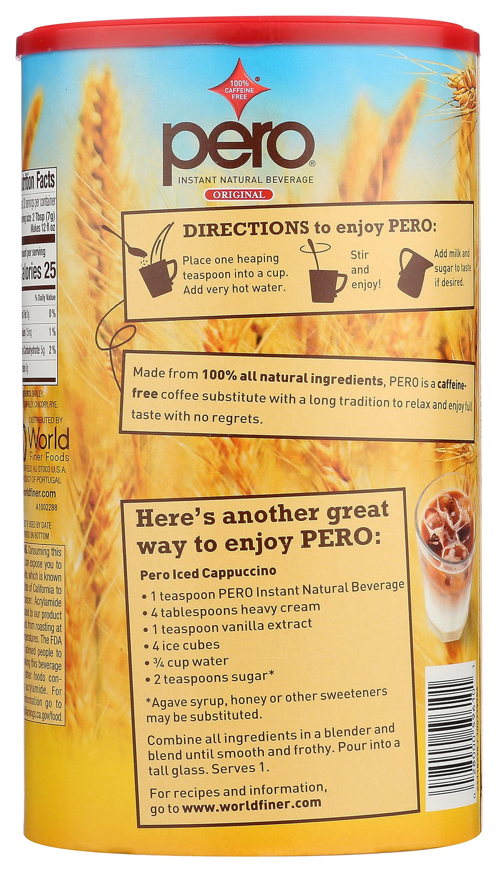 Pero ingredients arrangement of malted barley chicory rye showcasing natural blend