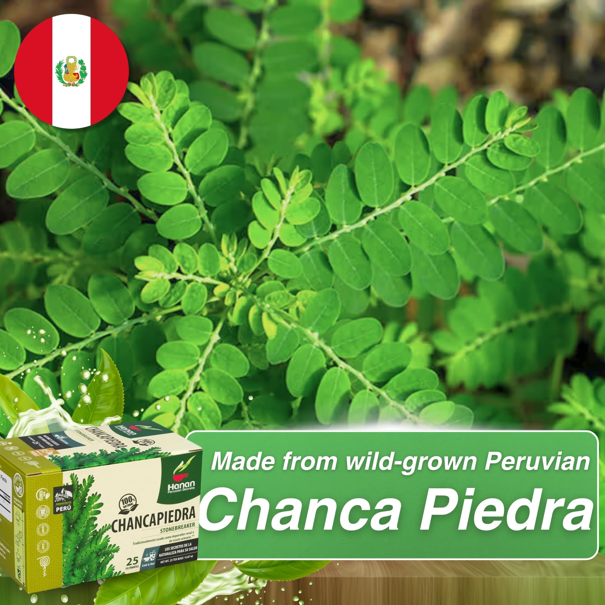 Peruvian Naturals brewed cup of chanca piedra tea with steam and aroma