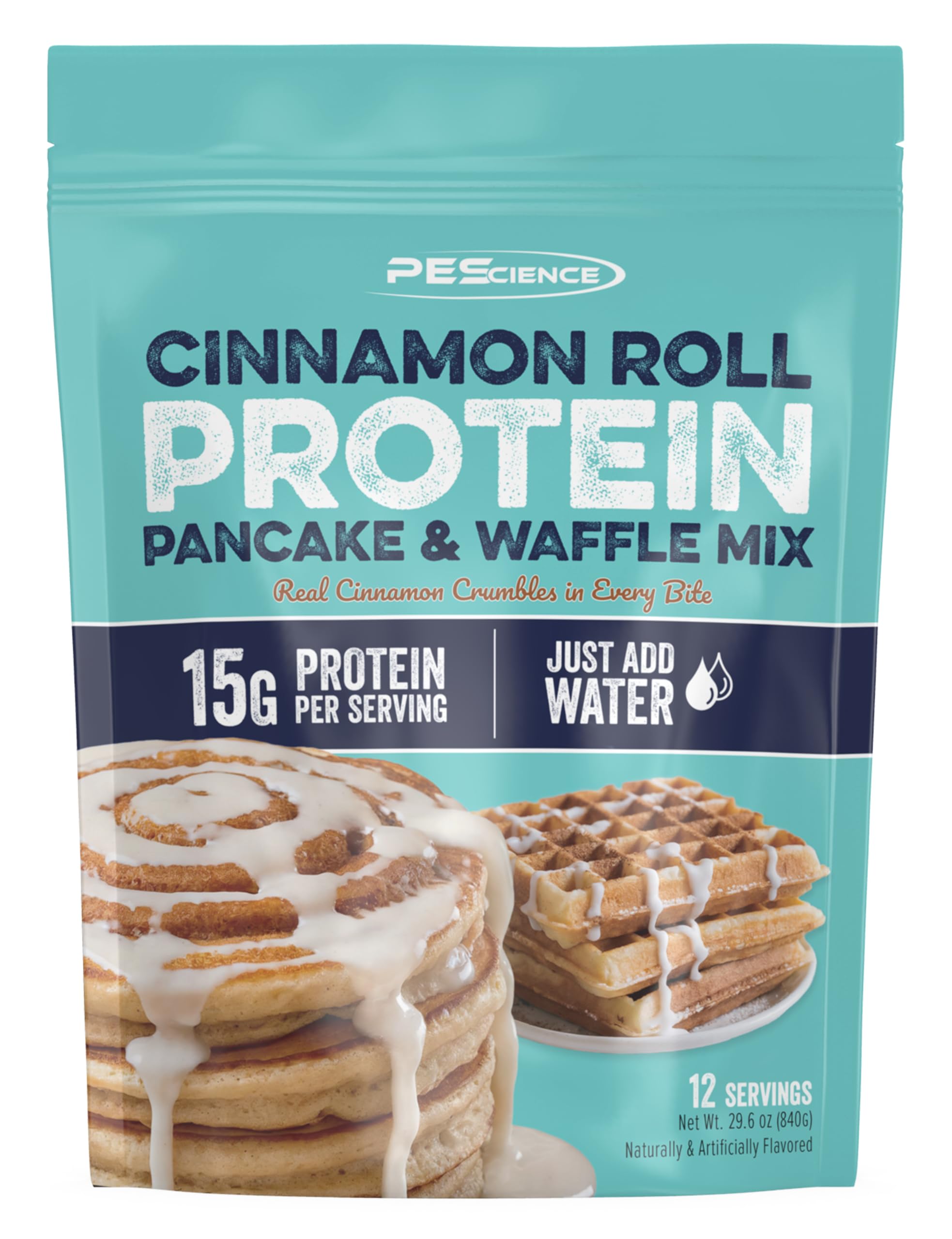 PEScience front packaging showing cinnamon roll protein mix and serving info