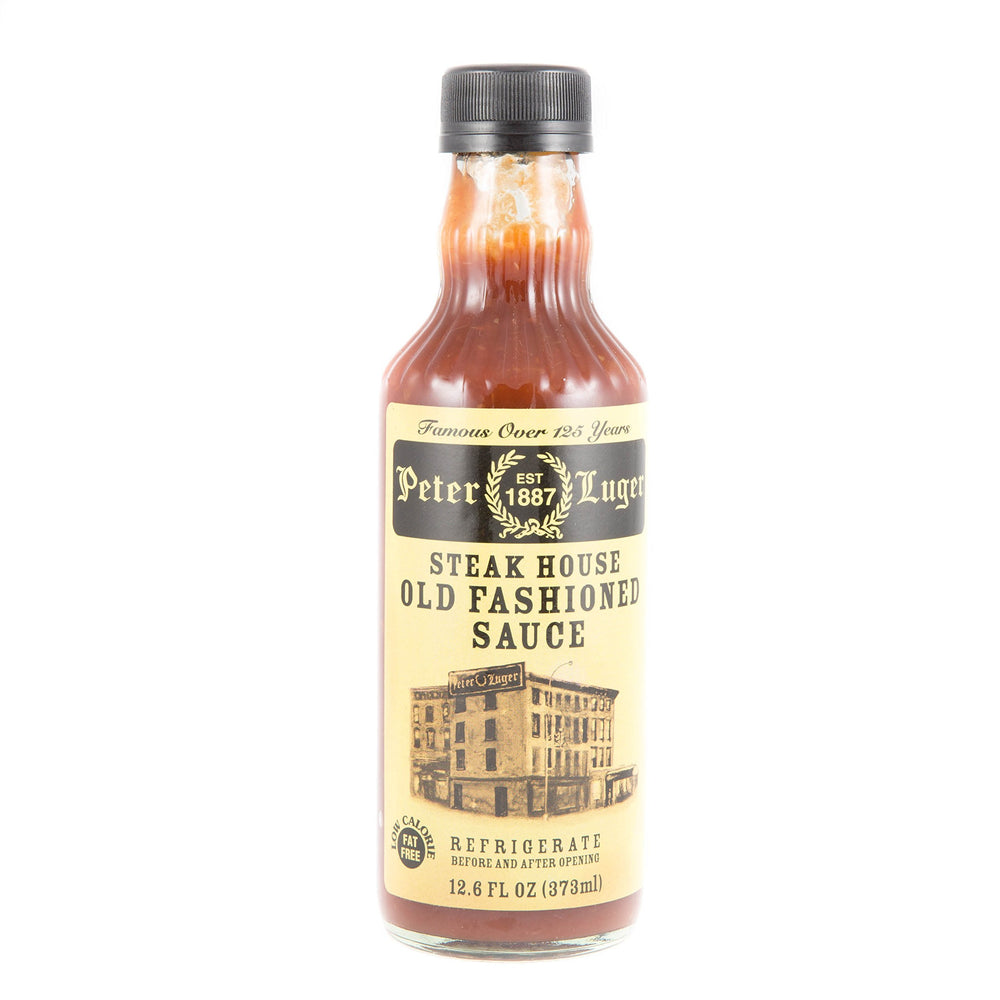 Peter Luger steak sauce bottle front view enhances steak flavor