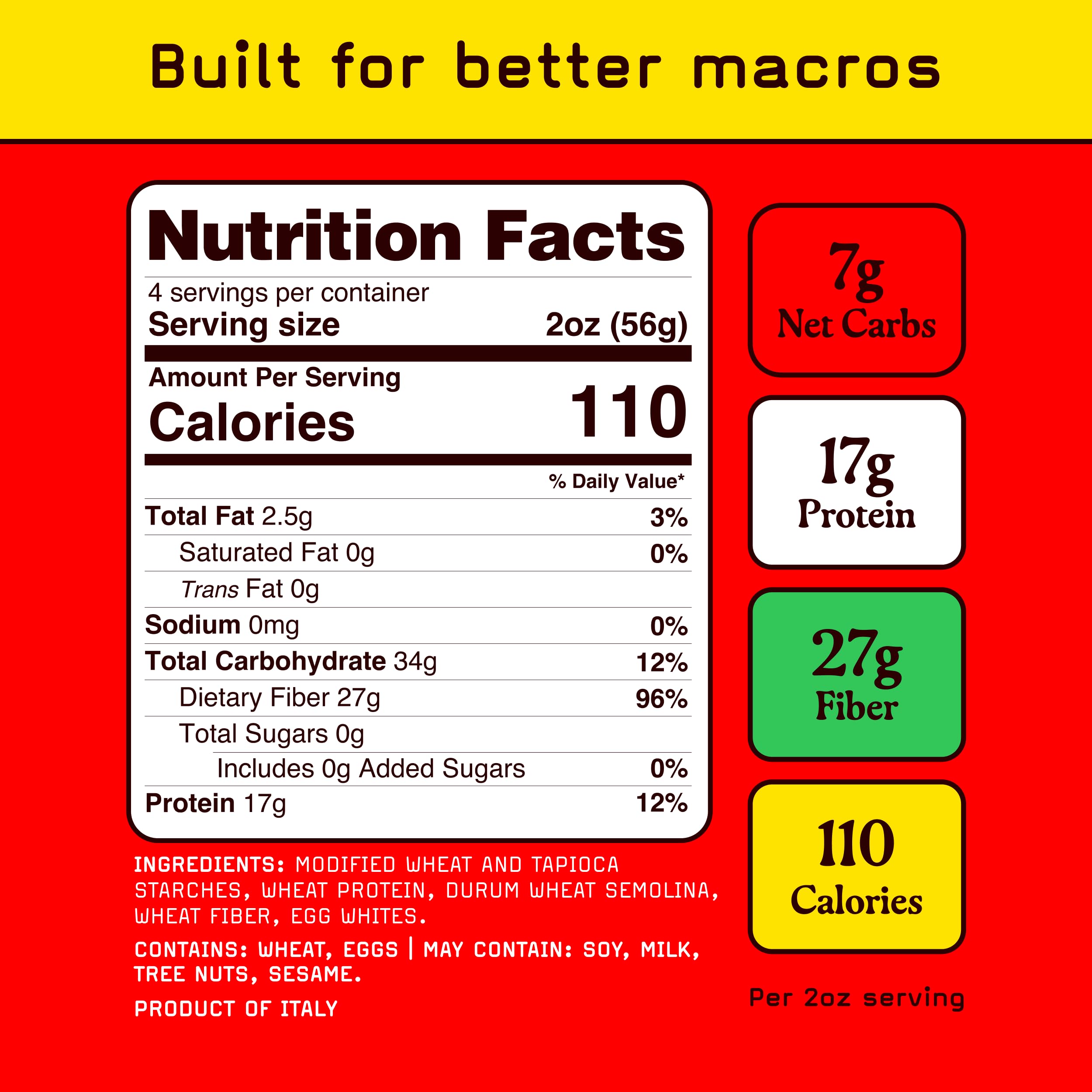 Pete's Pasta nutrition label displaying protein and net carbs benefits