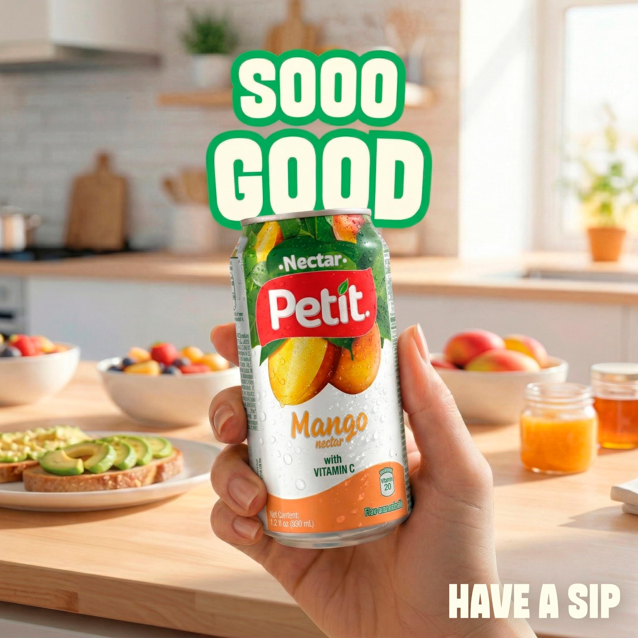 Petit mango nectar poured into glass with ice, demonstrating serving suggestion and refreshment