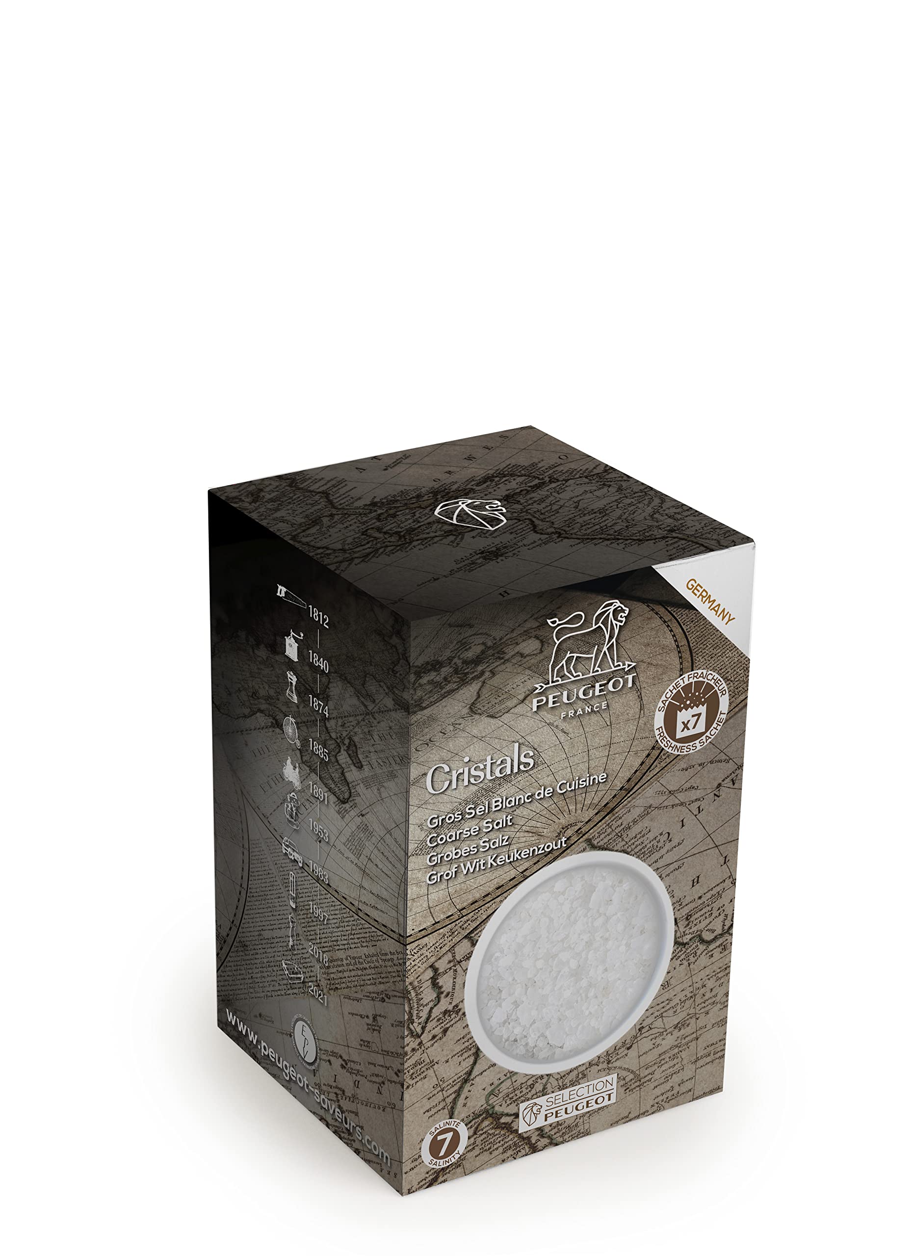 Peugeot front packaging showing seven sealed sachets and storage benefit