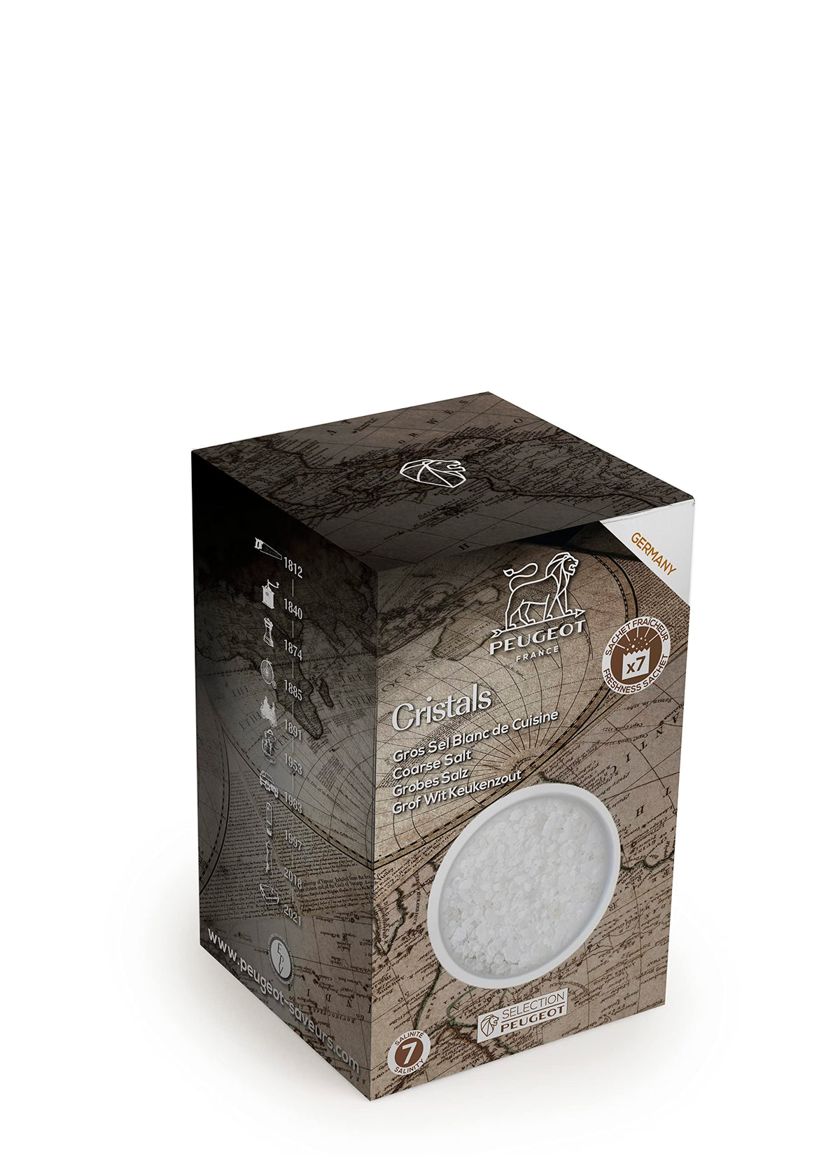 Peugeot front packaging showing seven sealed sachets and storage benefit
