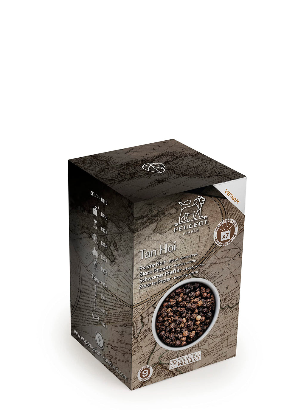 Peugeot Tan Hoi front packaging showing seven airtight sachets and brand