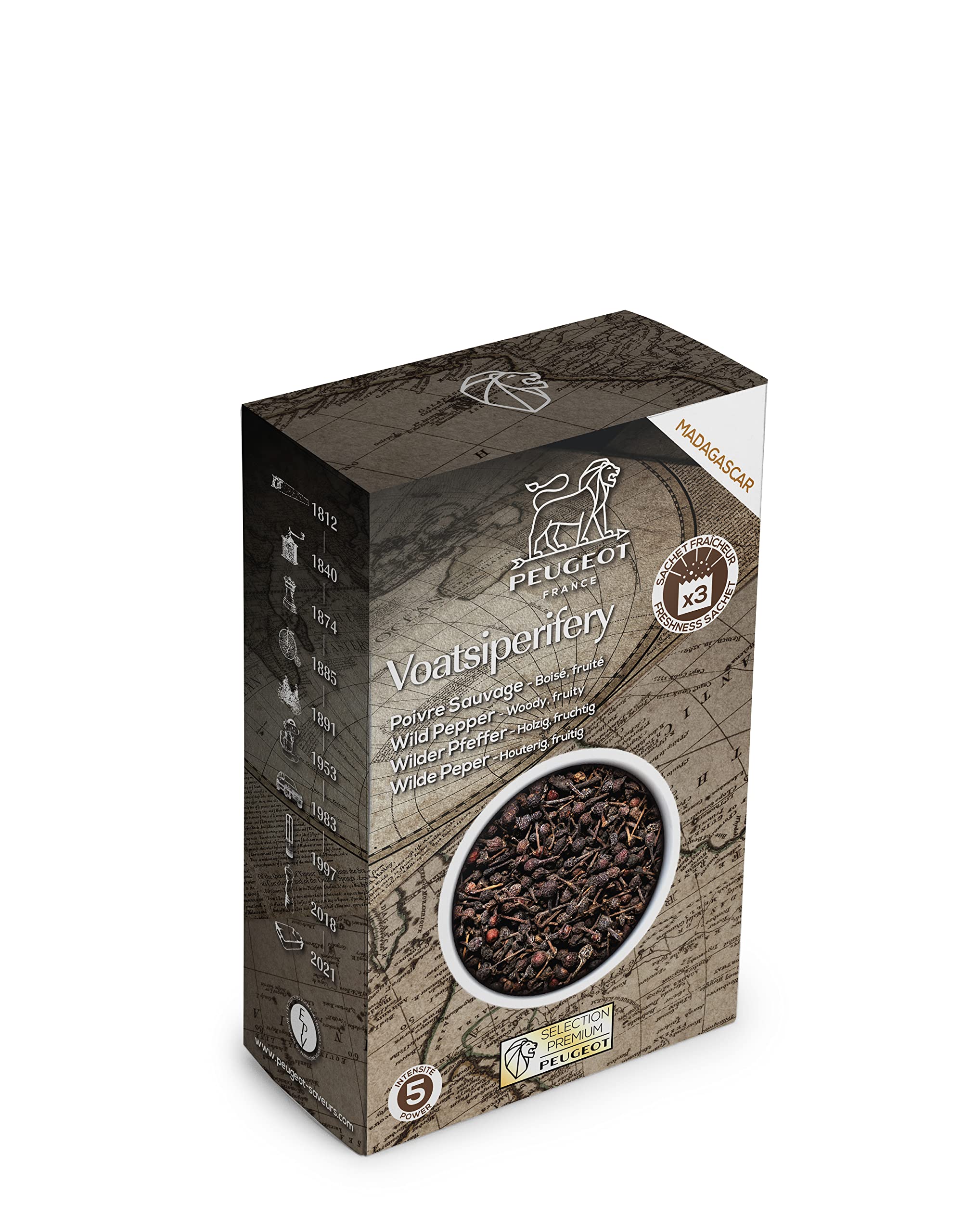 Peugeot Voatsiperifery front packaging showing three sealed sachets, preserving aroma