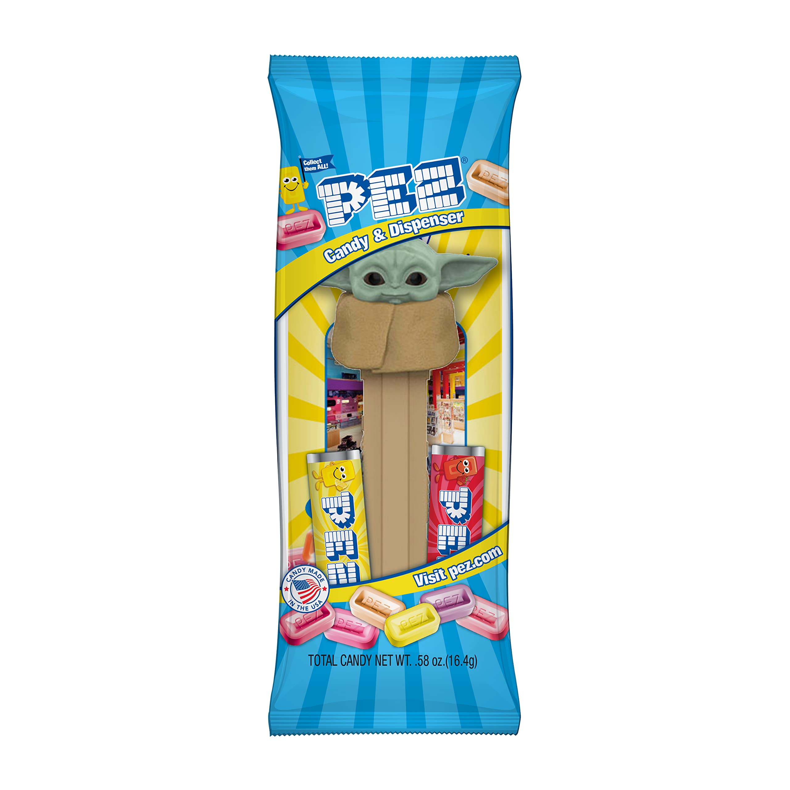 PEZ dispenser held in hand showing size and easy-to-use candy release
