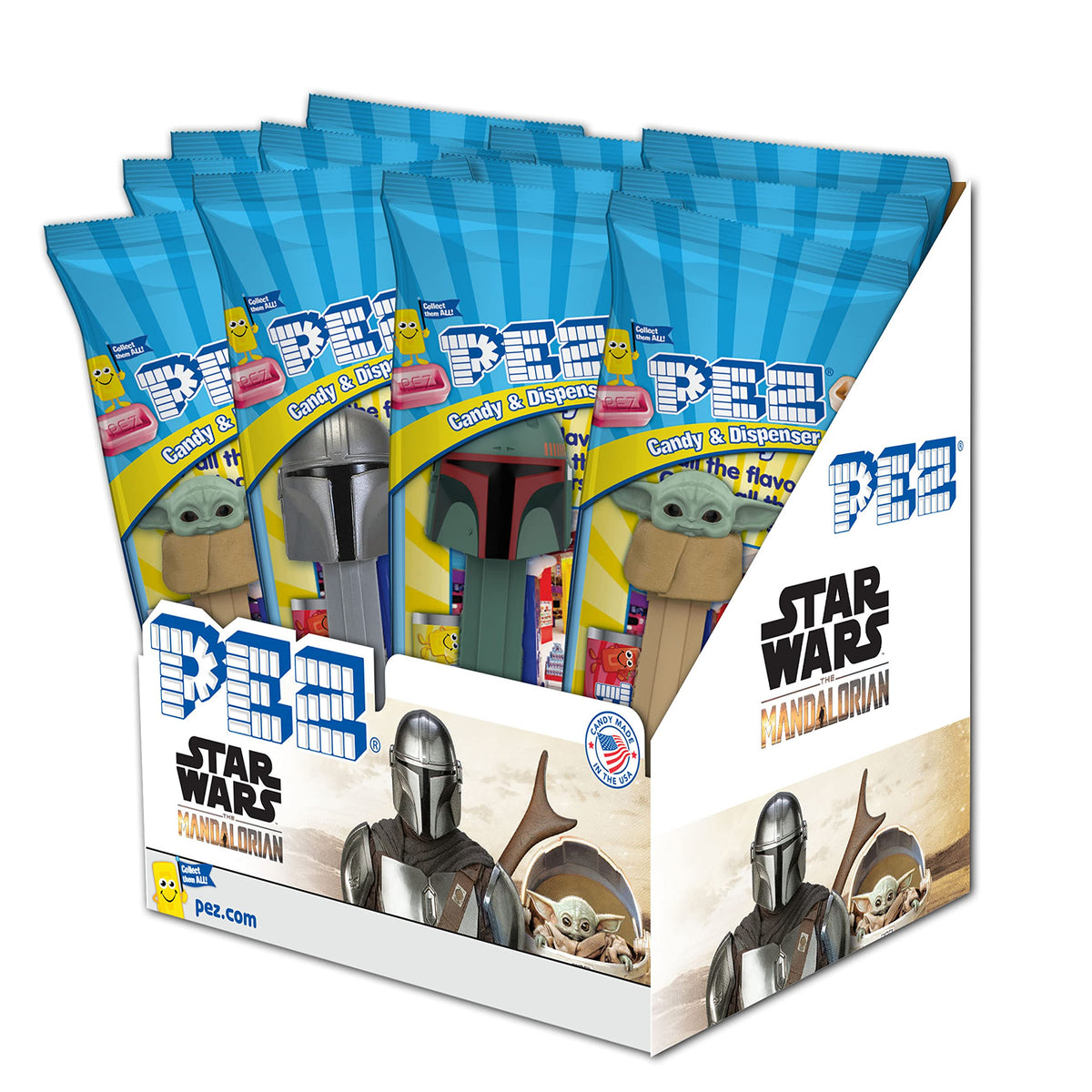 PEZ front packaging showing assorted Mandalorian characters and candies