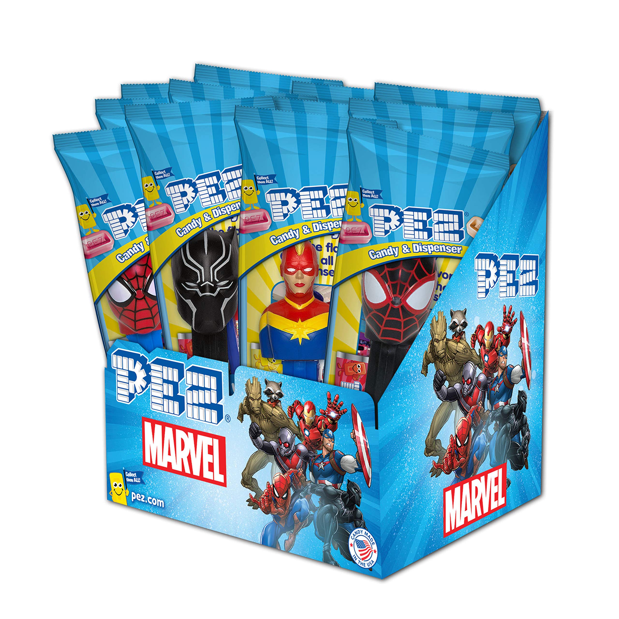 PEZ front-box showing Marvel branding and assorted dispensers for quick gifting