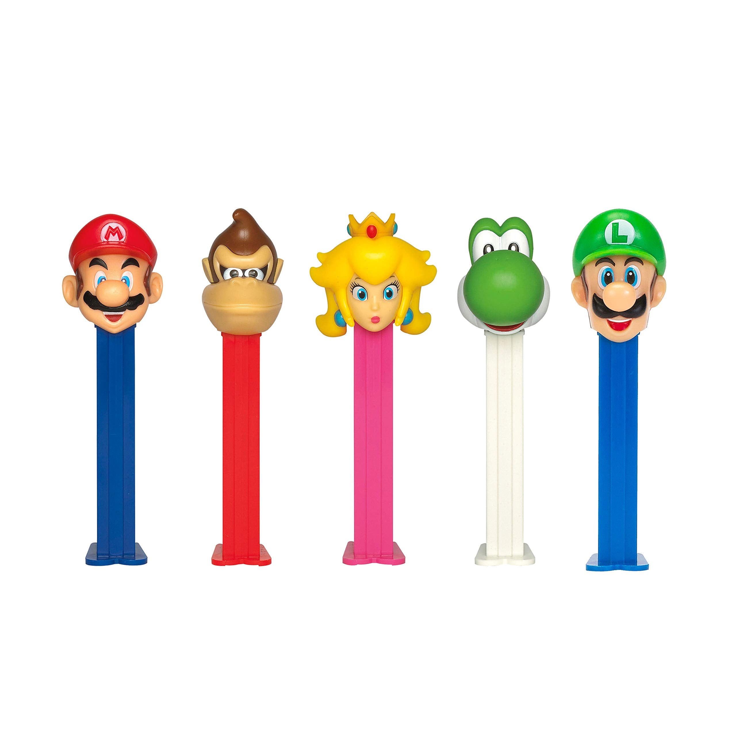 PEZ Nintendo close-up of dispenser heads including Mario and Yoshi, licensed character detail and playful design
