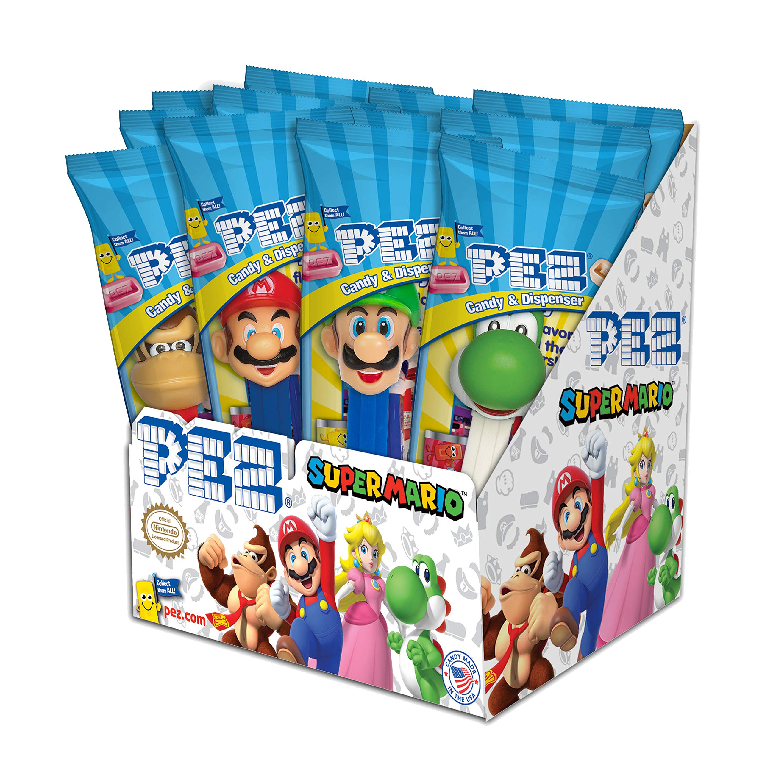 PEZ Nintendo front packaging showing assorted Super Mario dispensers and included candy refills, fun collectible gift
