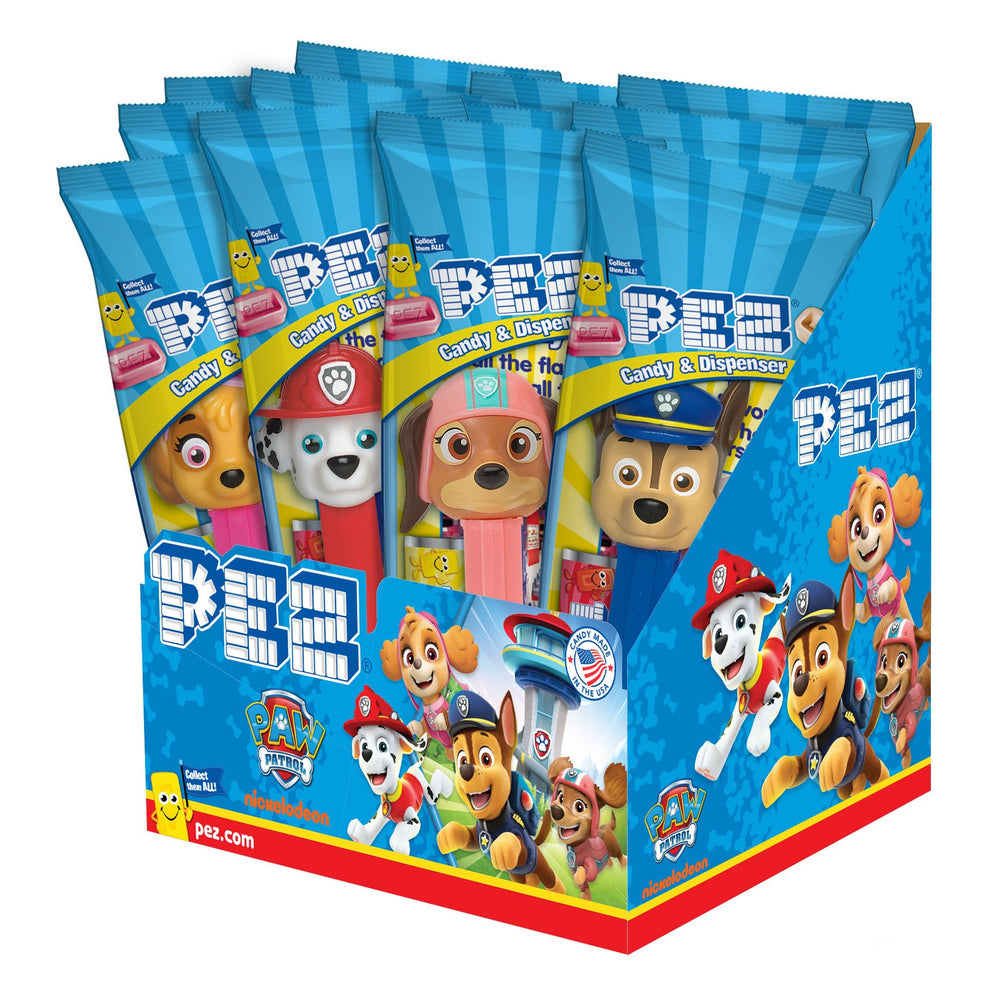PEZ Paw Patrol front packaging showing dispenser and two candy refills for easy sharing