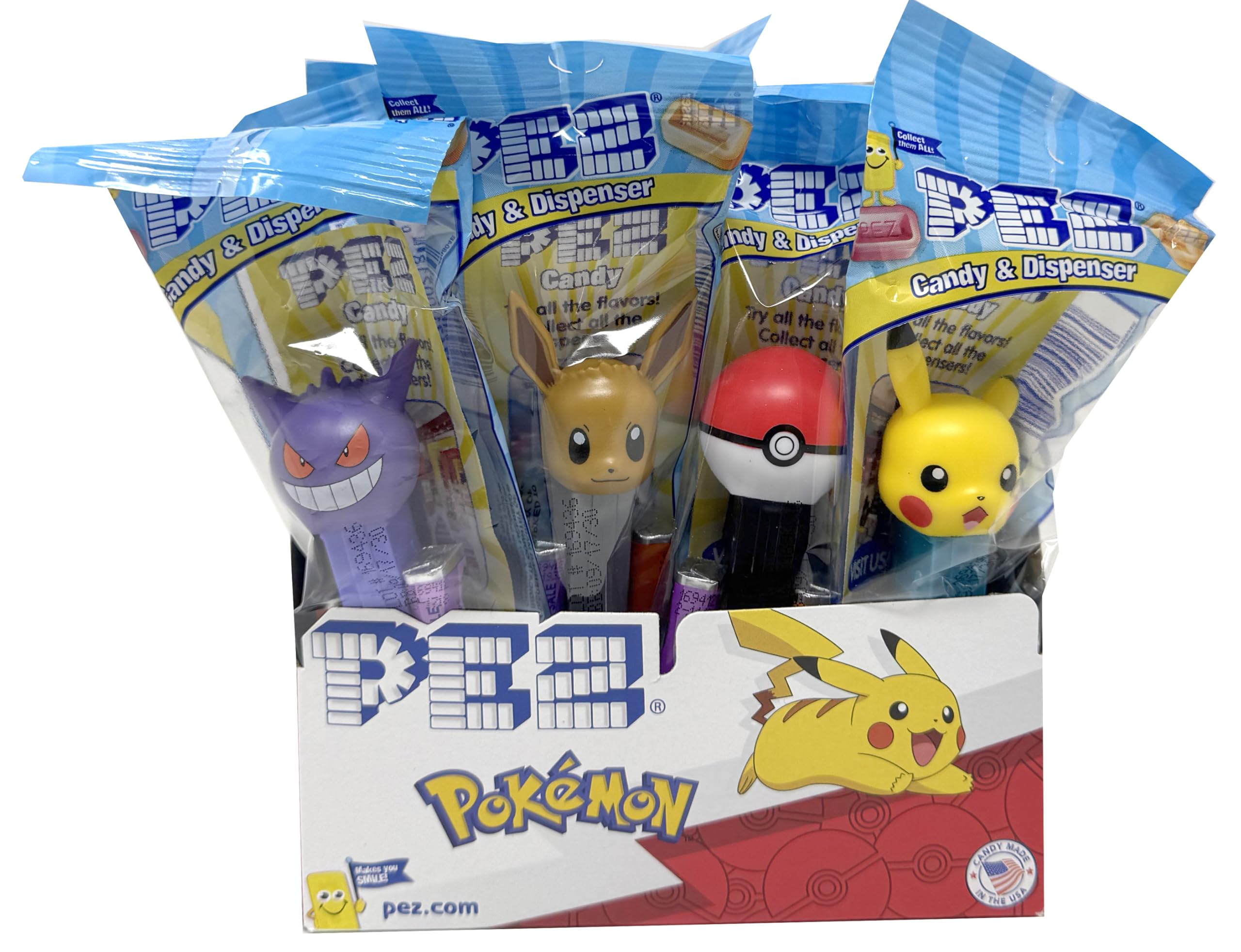 PEZ front packaging showing 12 Pokemon dispensers and candy, great for party favors