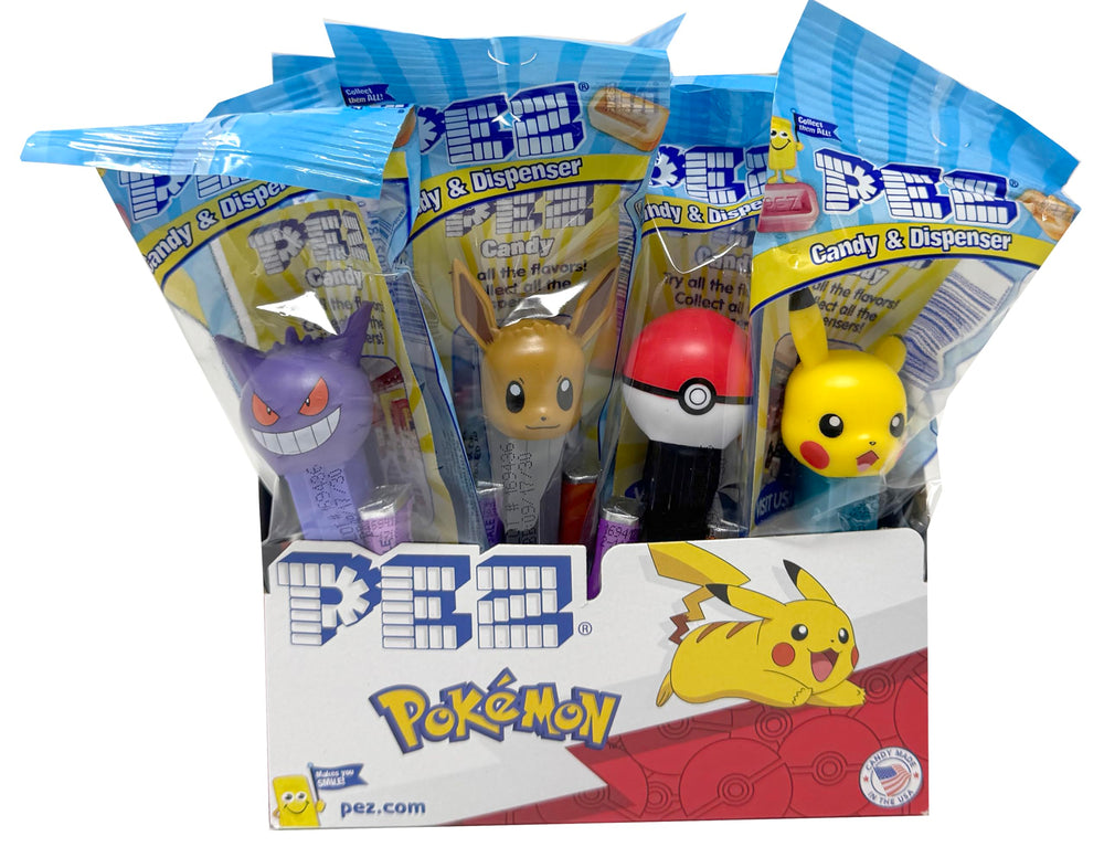 PEZ front packaging showing 12 Pokemon dispensers and candy, great for party favors